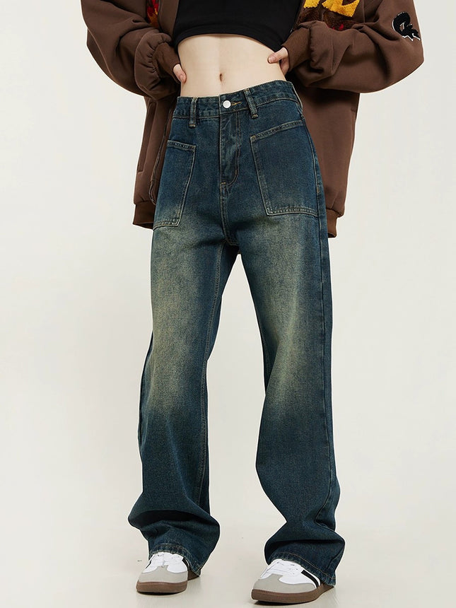 Vintage Mop Pants Girls Spring and Autumn Washed Old Straight Jeans Women's Loose High Street American Pants Ins