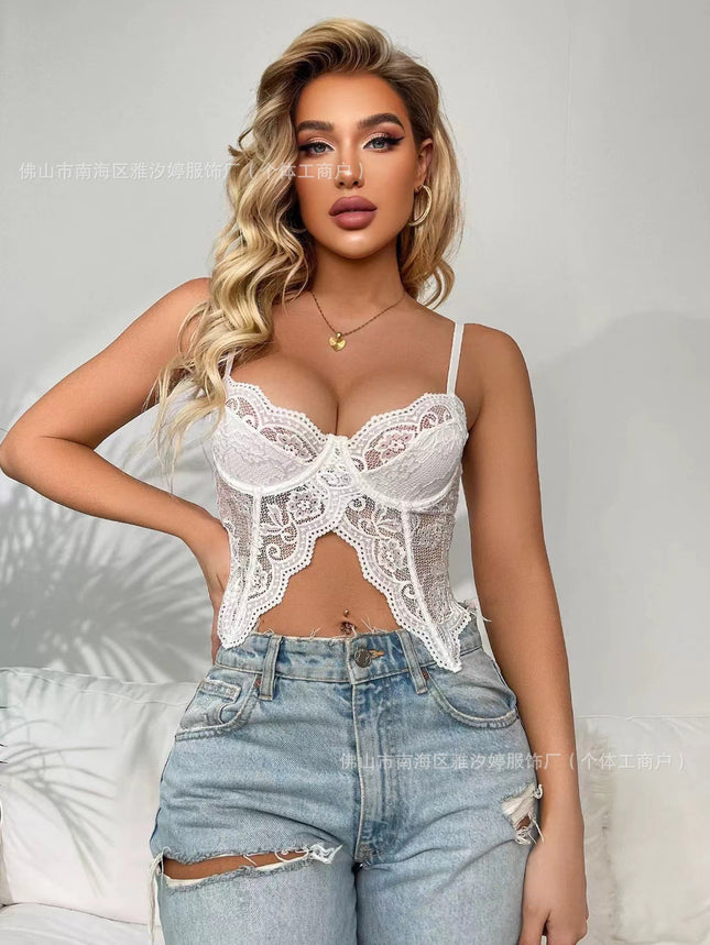 Pure Lusty Sexy Hot Girl Lace Bra and Intimates with Unique Design Suspenders and Chic Slit Navel-Baring Beautiful Back Top