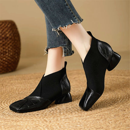 Fashionable Splicing Comfortable Medium Heel Short Boots 2025 Autumn and Winter New Fashion Boots Women's Retro Square Toe Thick Heel Elastic Boots