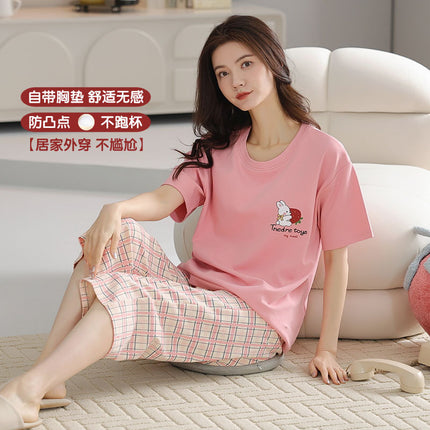 Pajamas Women's Summer Short-sleeved Knitted Cotton Wear-free Bra with Chest Pad Can be Wearing Outer-wear Anti-sudden Sleeping Beauty-making Home Wear Casual Wear
