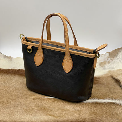 Genuine Leather Cowhide Shoulder Bag Black Brown / Sac Bandoulière Cuir Véritable Vachette Noir Marron