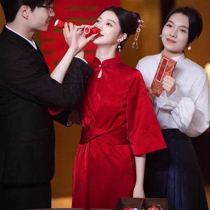 New Chinese Cheongsam Toast Dress Bride Red Engagement Dress Wedding Women's Door-Back Dress Tight Waist Slimming dress