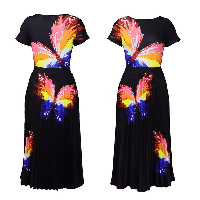 Q067 European and American Women's 2022 New Fashion Printed Top Pleated High Waist Skirt Set Foreign Trade Two-piece Set