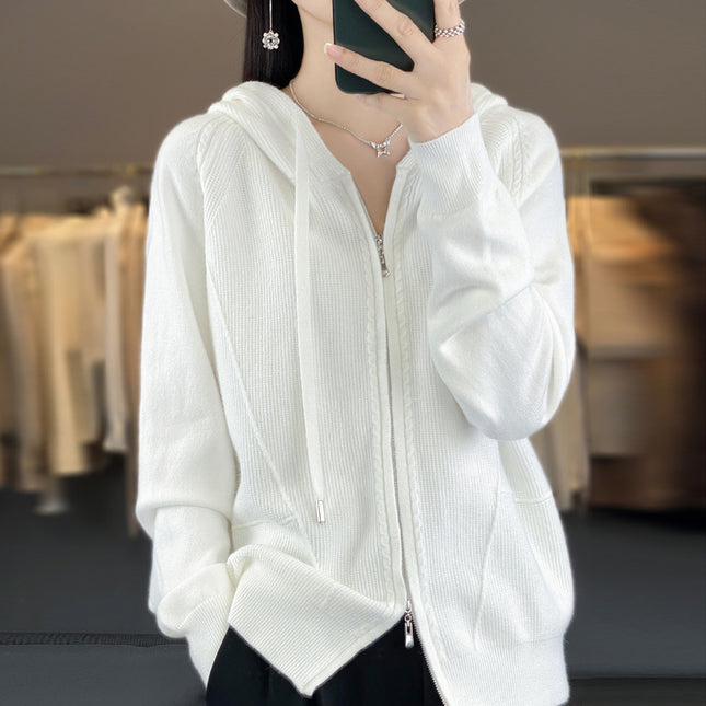 Wool Blend 2026 Autumn and Winter New Women's Hooded Sweatshirt Loose Plus-Size Short Knitted Hoodie Base Layer Cardigan