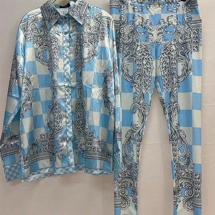 V home cross-border foreign trade acetate plaid printed loose shirt two-piece high waist stretch leggings fashion suit