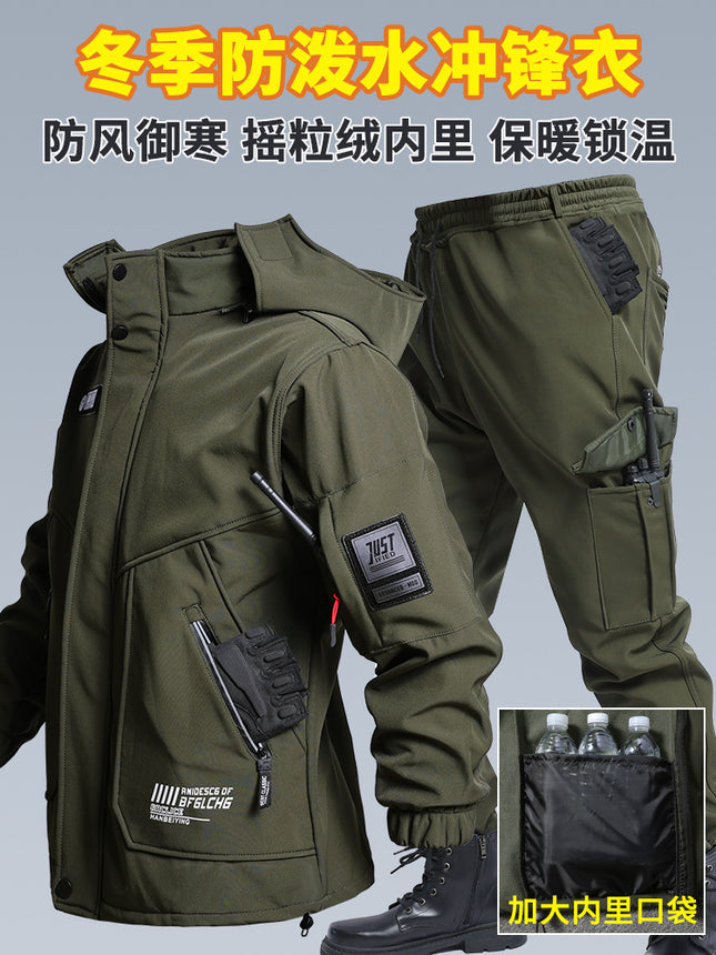 Wear-resistant assault clothing autumn and winter fleece-lined cold warm Army Green outdoor overalls suit men's water coat