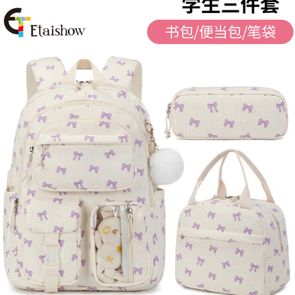 High School Ins Campus Large Capacity Three-Piece Corduroy Printed Backpack New Style Casual All-Match Backpack