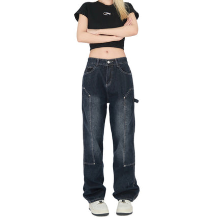 Real Shot of Retro Jeans for Women, High Street High Waist Loose Straight Pants, Wide Leg Drapey Floor Mopping Pants