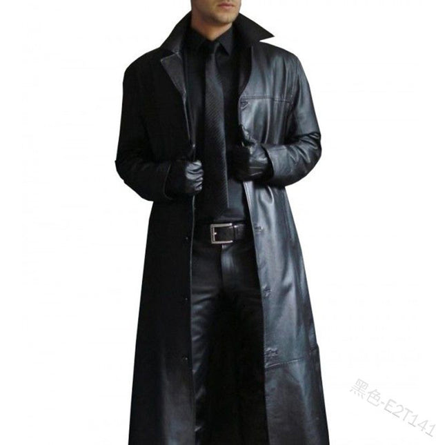 In Stock 2025 New Men's Lapel Color Trench Coat Style Slim Leather Long Pu Leather Jacket Men's Jacket