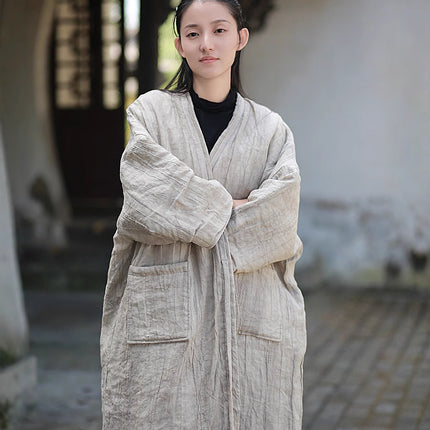 Cotton and Linen Women's Clothing, Retro Ramie Tie-Dyed Cotton Coat, Cool Zen Style, Versatile Warm Lace-Up Cotton Robe