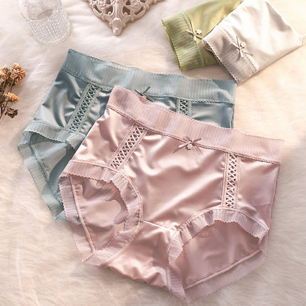 Silk Satin Panties Women's Light Luxury Light Sense Comfortable Traceless Elegant Lace Trim Mid-high Waist Mulberry Silk Crotch Briefs