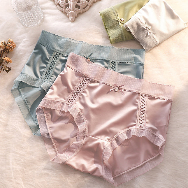 Silk Satin Panties Women's Light Luxury Light Sense Comfortable Traceless Elegant Lace Trim Mid-high Waist Mulberry Silk Crotch Briefs