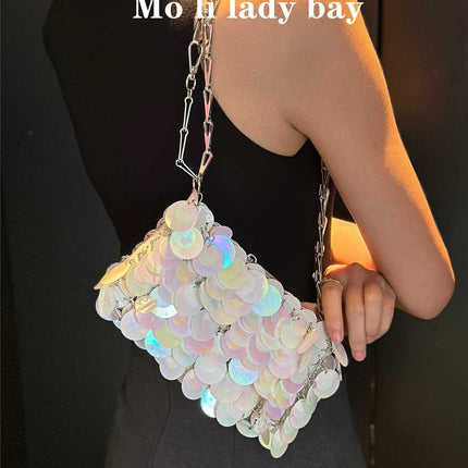 2025 New Silver Shiny Bag Hand-Woven Sequin Bag Mobile Phone Bag Long Shoulder Strap Single Shoulder Crossbody Bag for Women