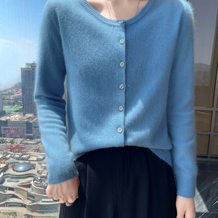 2025 Spring and Autumn New Round Neck Cashmere Knitted Cardigan Women's Loose All-match Sweater Coat Long Sleeve Soft Waxy Top