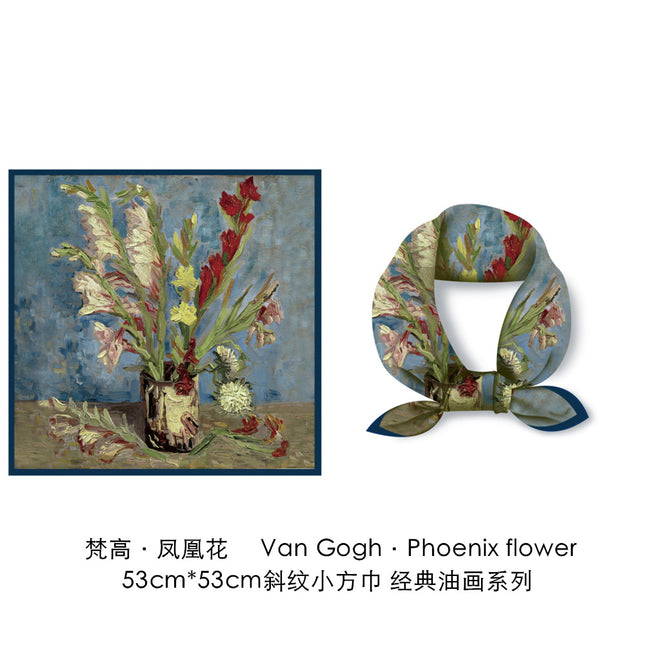 53cm Spring French Van Gogh Oil Painting Series Bottle Phoenix Flower Women's Decorative Small Scarf Silk Scarf Small Square Scarf Wholesale