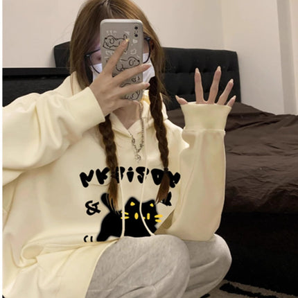 [David's 190g] Korean version of black cat printed sweater students fall/winter loose hooded pullover coat