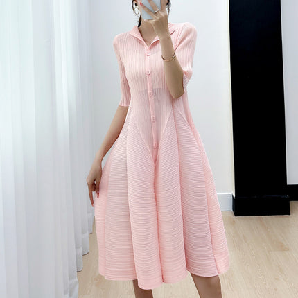 Miyake Elegant, Gentle, Elegant, Comfortable, Simple, Slim Waist Dress for Women 2023 Summer New Casual Pleats