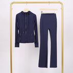 Midnight blue hooded jacket and bell bottoms suit / 2/S