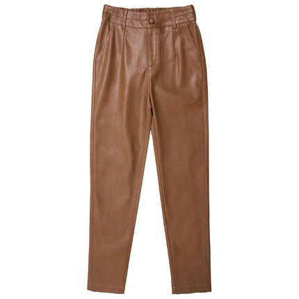 2025 Autumn/Winter New Women's Leather Pants Mid-Waist Outerwear Trousers Slim Fit Sheepskin Leggings