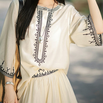 | Provence · Embroidered suit | 2024 Summer Retro Round Neck Light Luxury Small Shirt Casual Shorts suit Women