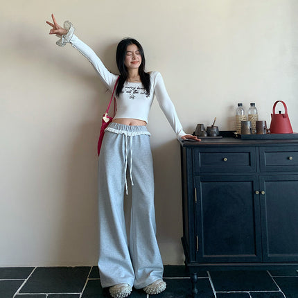 Lazy Casual Spice Girl Style Lace Contrast Color Design Sense Low Waist Dumping Sense Mop Loose Micro-horn Sports Pants for Women