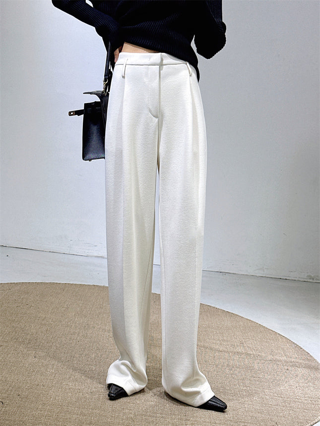 Pet Fans: Autumn and Winter New Style Wool Acetate White Wide-Leg Pants for Women, Woolen Suit Pants, Soft and Waxy Extended Casual Pants