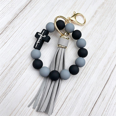 Cross-Border New Cross Silicone Bead Wrist Bracelet Keychain Handbag Leather Tassel Anti-Loss Pendant