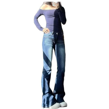 Extended American Retro Cat Print Low-Waist Hot Girl Flared Jeans for Women, Autumn Stretchy Slim-Fit Floor-Length Pants
