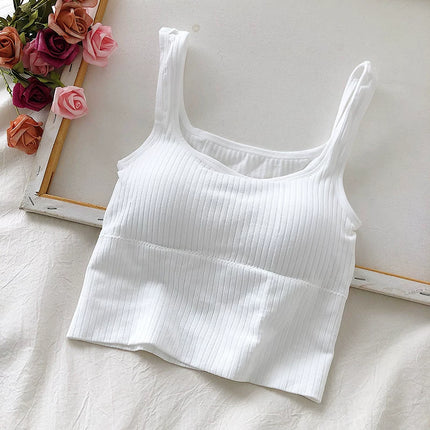 Summer Crop Top Women Seamless Square Collar Wide Straps Tank Top Knitted Striped Camisole Solid Corset Top Female