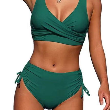 Swimsuit Split Bikini Pure Color Cross Strap Amazon Popular High Waist Swimsuit European and American Export Sexy Biki