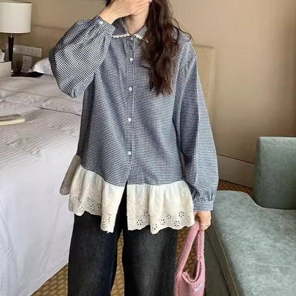 95% Upper Cotton # Spring and Autumn Sweet Style Lace Spliced Doll Collar Stacked Brushed Plaid Shirt Women's Top