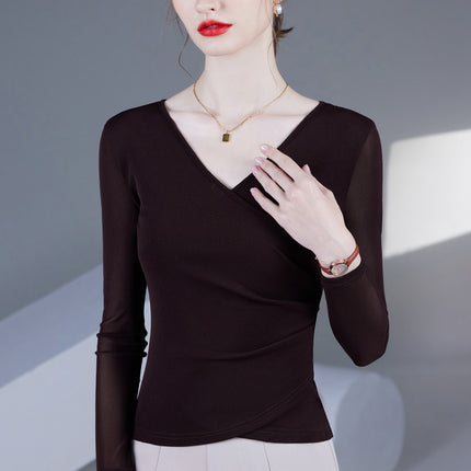 2025 Spring and Autumn New Cross V-Neck Mesh Bottoming Shirt Thin Long-Sleeved Top Women's Waist Covering Belly Fashionable Small