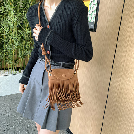 2025 New Trendy Niche Design Tassel Phone Bag for Women, Single Shoulder Crossbody Small Square Bag, Retro Hong Kong Style Suede Bag