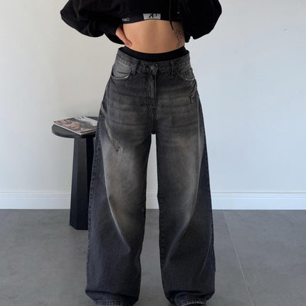 2025 Trendy Versatile New American Retro Street Style Loose Gradient Distressed Floor-Length Women's Jeans 8958