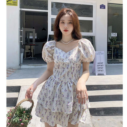 Gentle Style Square Neck Puff Sleeve Floral Dress for Women Summer 2024 New Sweet and Spicy Short Skirt Tutu Skirt