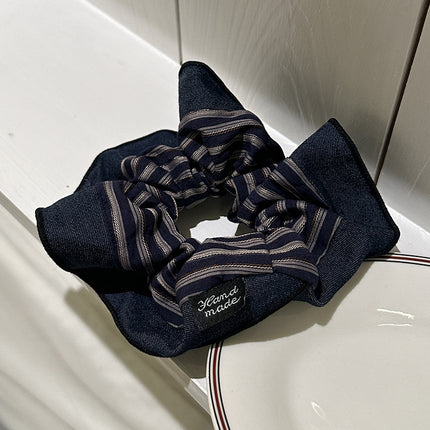 High-end sense exquisite retro navy blue wide-brimmed French stripe pleated low ponytail ball hair accessories women's new hair rope