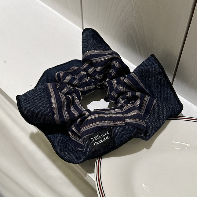 High-end sense exquisite retro navy blue wide-brimmed French stripe pleated low ponytail ball hair accessories women's new hair rope