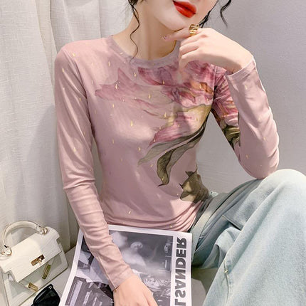 Light luxury round neck bottoming shirt 2023 autumn new fashion slimming printed long sleeve top versatile small shirt for women