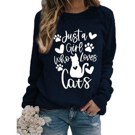 Who loves cats printed crew neck coat European size ladies coat long sleeve cross-border foreign trade supply