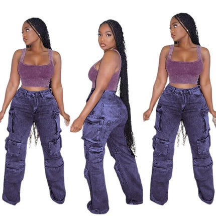 Amazon AliExpress wish European and American women's jeans street work style multi-pocket women's trousers