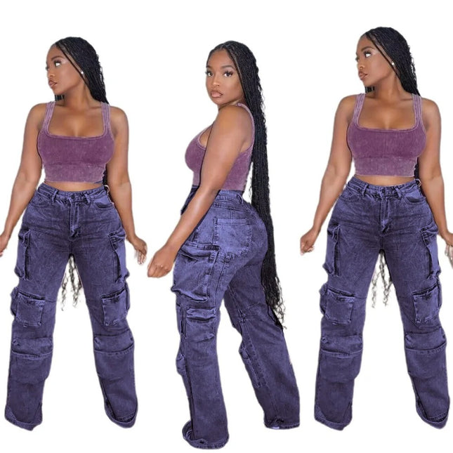 Amazon AliExpress wish European and American women's jeans street work style multi-pocket women's trousers