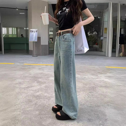 2024 New Spring wash blue loose leg leisure straight Denim mop trousers female