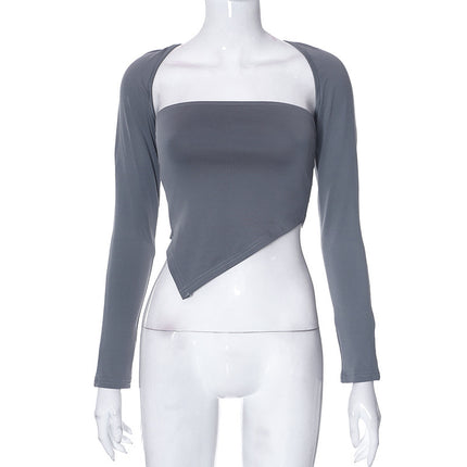 M23Tp004 European and American Style Women's Spring New Solid Color Long-Sleeve Shawl Off-Shoulder Bustier Crop Top Wholesale