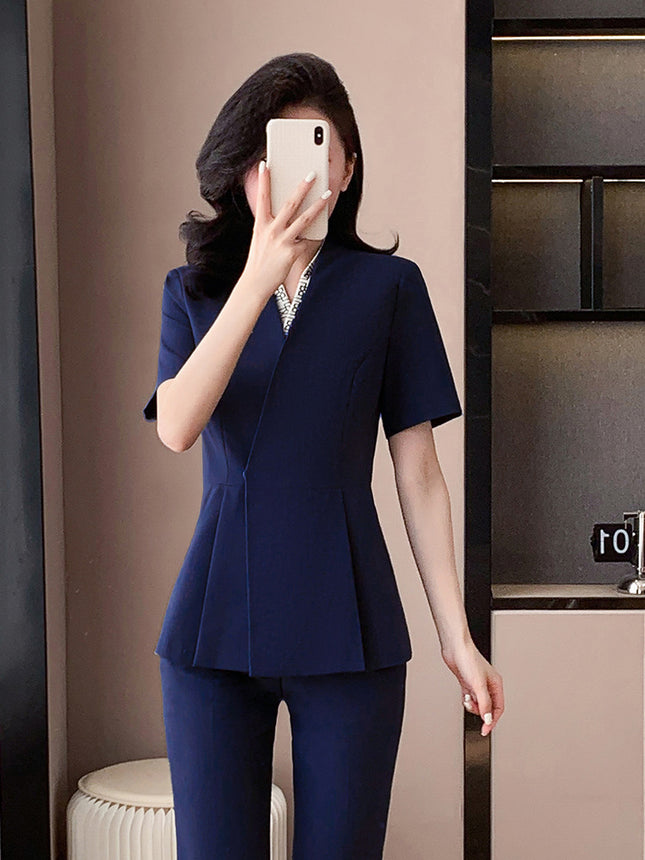 Blue Suit Jacket Women's Spring and Summer Short-sleeved Jewelry Store Front Desk Business Dress Dress Waist Tight Beauty Salon Suit suit