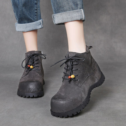 Jishu 25 Autumn and Winter New Top-Layer Cowhide Lace-Up High-Top Women's Shoes, Suede Genuine Leather Retro Beaded Internal Height-Increasing Ankle Boots