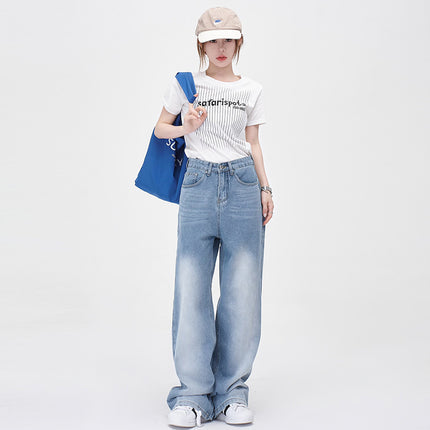 American Style Vintage High Street Washed White Light Jeans Women's Loose Wide Leg Straight Jeans Pants & Exlonged