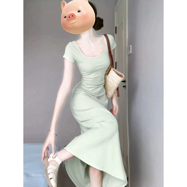 Green Waist dress Little Mom Slim-fit Hip Wrap Dress High-grade Sense Slight Fat A- shaped Long Dress Royal Sister Dress Women's Spring