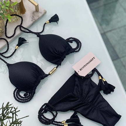 European and American 2025 Spot New Fashion Split Pure Color Bikini Bikini Swimsuit Sexy Lace-Up Halter Swimsuit