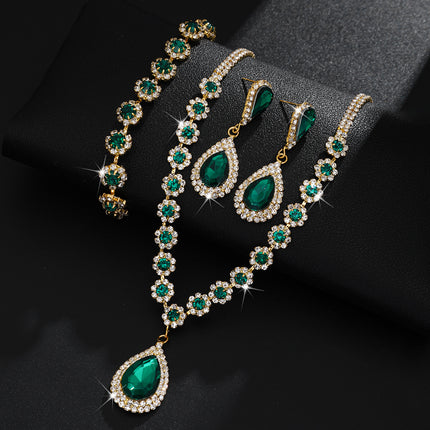 Amazon's Best-Selling Women's Water Drop Green Crystal Necklace, Earrings, Bracelet, Jewelry Set, Three-Piece Set, Drop Shipping