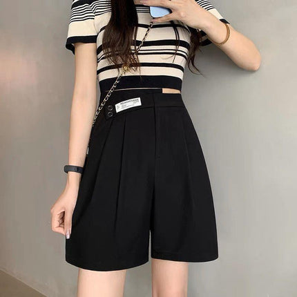 Ice Silk Suit Shorts Women's Summer Thin Five-quarter Pants Loose Wide-leg High-waisted Large Size Double-button Straight Slim Mid-pants